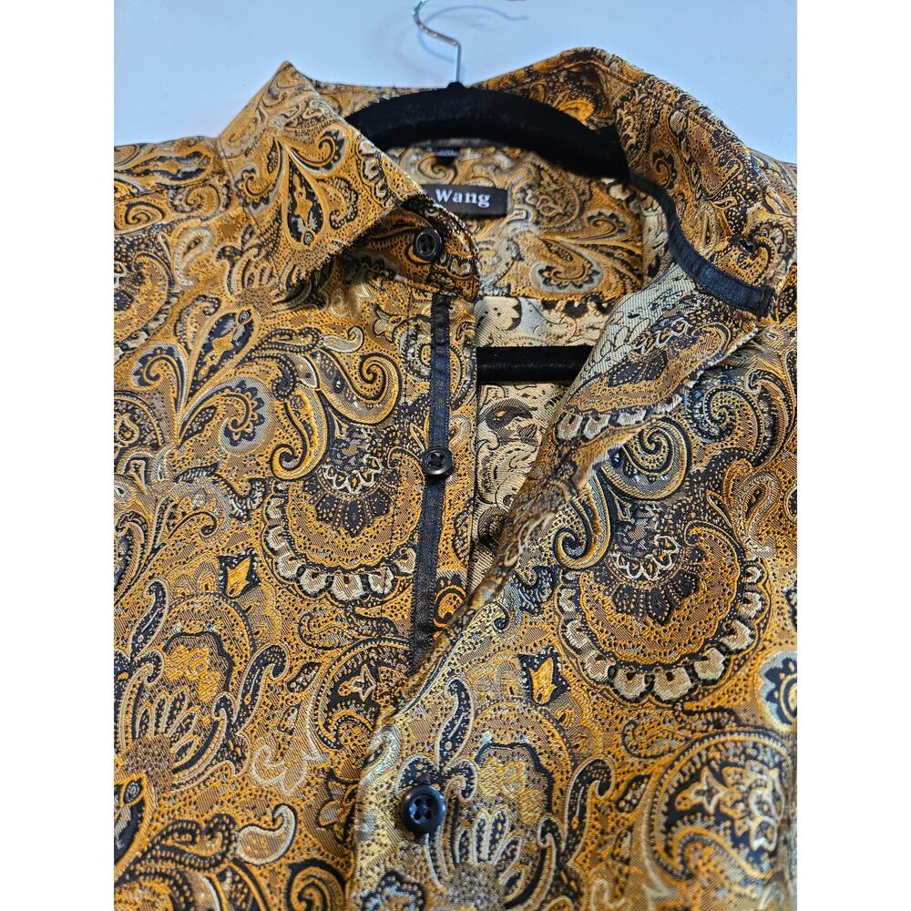 Barry Wang Mens 2XL Gold Black Paisley Silk Blend Button Front Dress Shirt - Picture 7 of 10